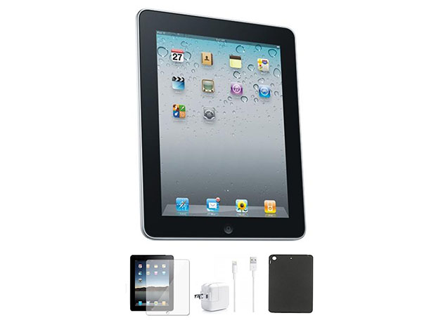 An iPad, with accessories below: a screen protector, charger and case