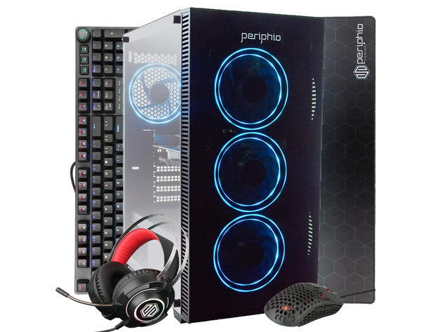 Periphio Blue Gaming PC Tower Desktop Computer, Intel Quad Core i5 3.4GHz, 16GB RAM, 120GB SSD + 1TB 7200 RPM HDD, Windows 10, Nvidia GT1030 Graphics Card, RGB, HDMI, Wi-Fi (Renewed)