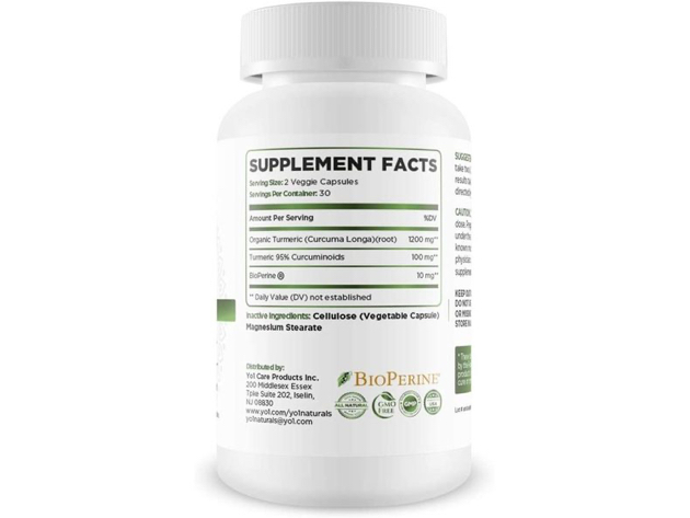 YO1 Naturals Turmeric Curcumin 1300 mg with Bioperin - Supports Joint and Brain Function, Helps Immune & Digestive System - Organic, 60 Veggie Capsules Dietary Supplement