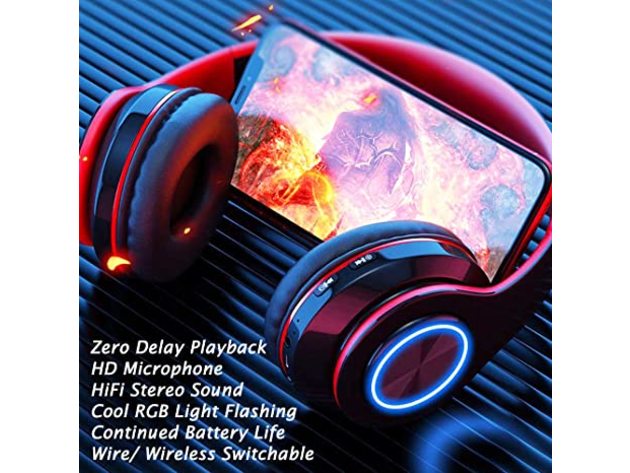 Wireless Headset Over Ear Headphones with Microphone Bluetooth 5.0 HiFi Stereo Sound Foldable Rechargeable LED Light