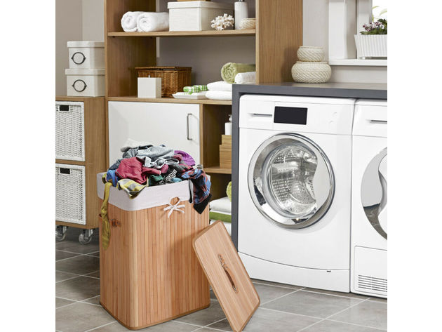 Rectangle Bamboo Hamper Laundry Basket Washing Cloth Bin Storage Bag Lid Natural 