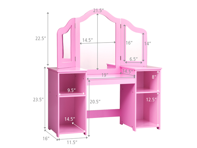 Costway Vanity Table Set Makeup Dressing Kids Girls Study Table Tri Folding Mirror  WhitePink - Pink