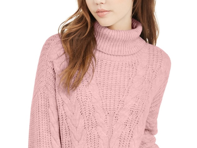 Crave Fame Juniors' Turtleneck Cable Knit Sweater Pink Size Small