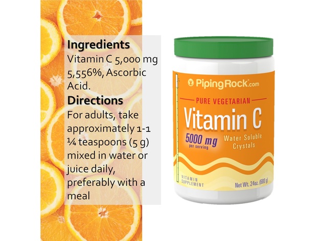 Piping Rock Vitamin C 5000 mg Pure Vegetarian Water Soluble Crystals 24 Oz (680 g) Supplement