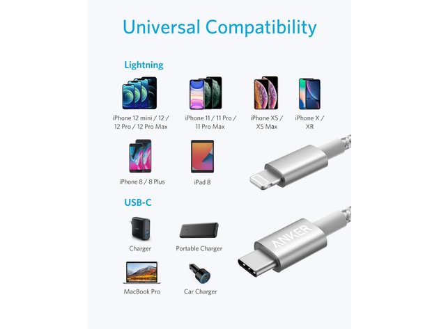 Anker 331 USB-C to Lightning Cable (Silver/10ft)