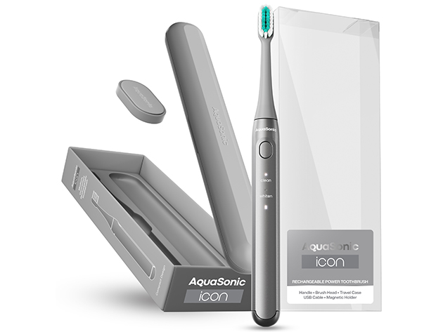 AquaSonic Icon Toothbrush with Magnetic Holder & Slim Travel Case (Silver)