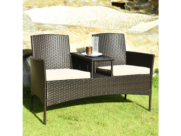 Costway Patio Rattan Conversation Set Loveseat Sofa Cushioned Coffee Table Mix Brown