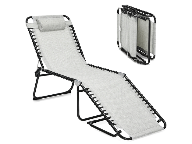 Costway Folding Beach Lounge Chair Heightening Design Patio Lounger w/ Pillow - Grey