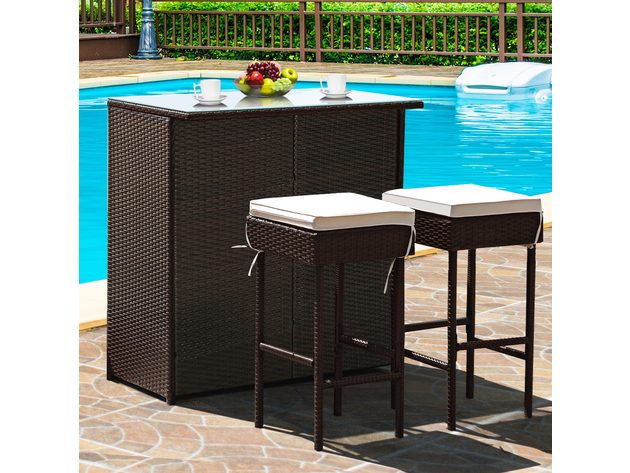 Costway 3 Piece Patio Rattan Wicker Bar Table Stools Dining Set Cushioned Chairs Garden - Beige