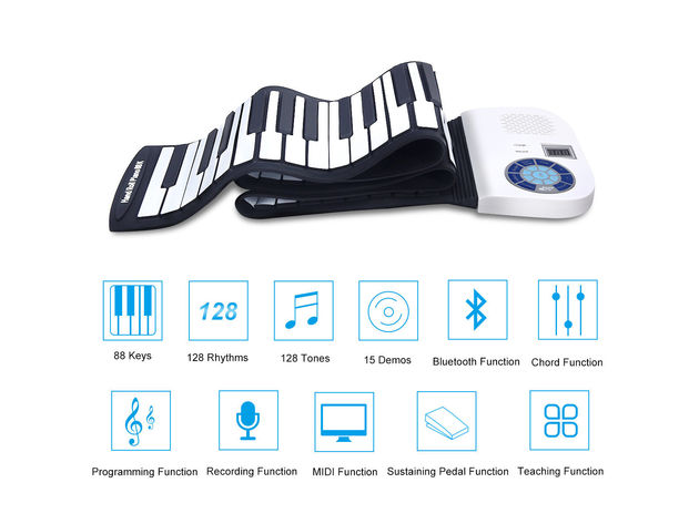 88 Key Electronic Roll Up Piano Keyboard Silicone Rechargeable  w/Pedal - White