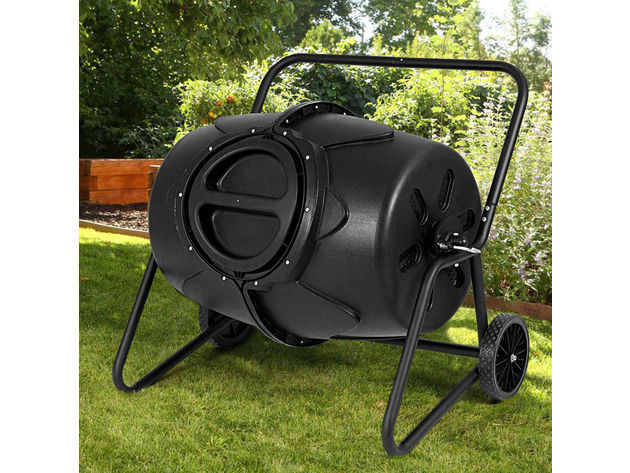 Costway 50 Gallon Wheeled Compost Tumbler Garden Waste Bin Grass Trash Barrel Fertilizer - Black