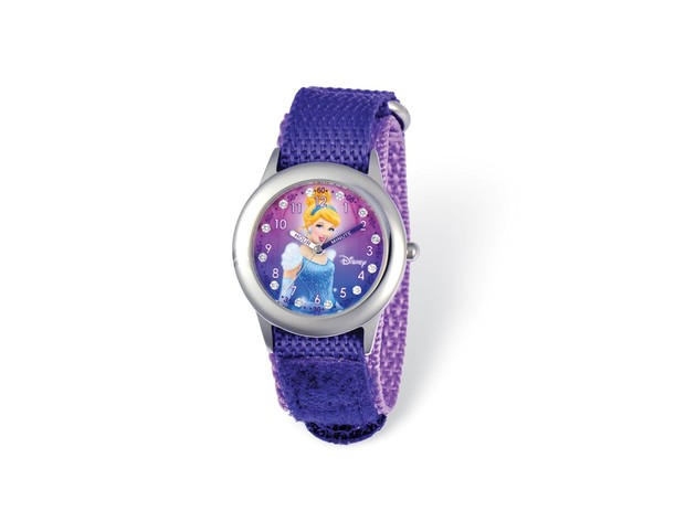 Disney Girls Princess Cinderella Glitz Purple Velcro Time Teach Watch
