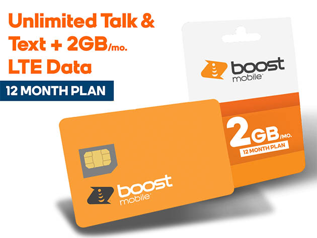 Boost Mobile Prepaid Unlimited Talk & Text, 2GB LTE Data + Free SIM (12 Months)