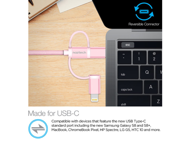 Naztech Braided 3-in-1 Hybrid USB Cable for USB-C, Lightning, and Micro USB devices (Rose Gold)