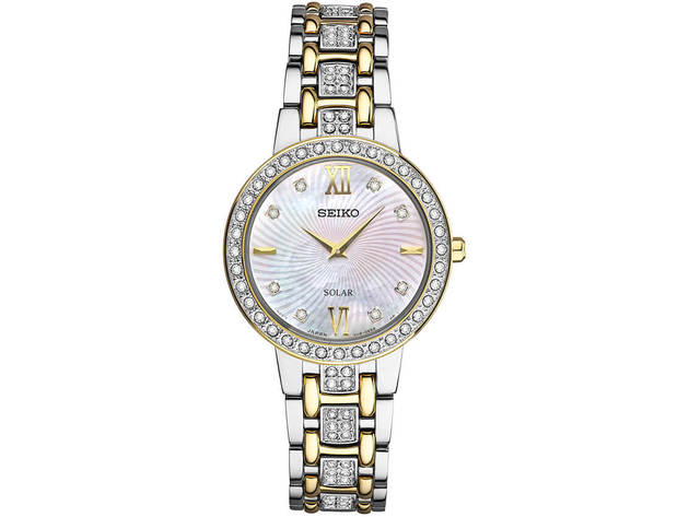 Seiko SUP360 Womens Silver & Gold Crystal Collection Solar Watch