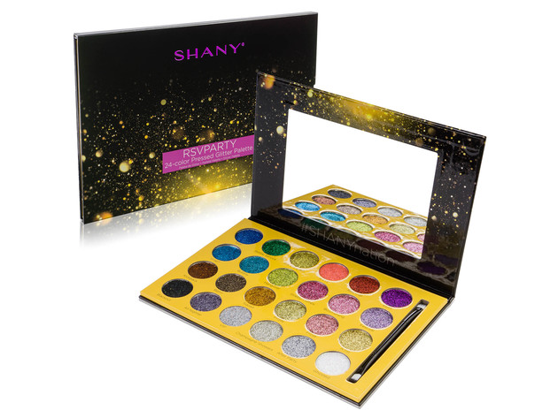 SHANY RSVParty Glitter Eyeshadow Palette - 24 Long-Lasting Pressed Glitter Pigments for Face and Body - Ultra Pigmented Glitter Makeup set with Brush.