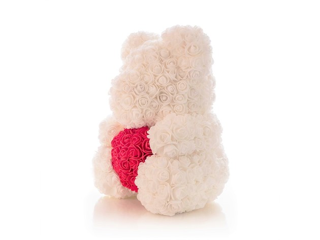 Homvare Foam Rose Teddy Bear 10" with Gift Box for Valentines Day, Anniversary and Birthday - White/Red