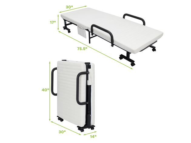 Costway Folding Bed Adjustable Guest Single Bed Twin Mattress Portable Wheels - White