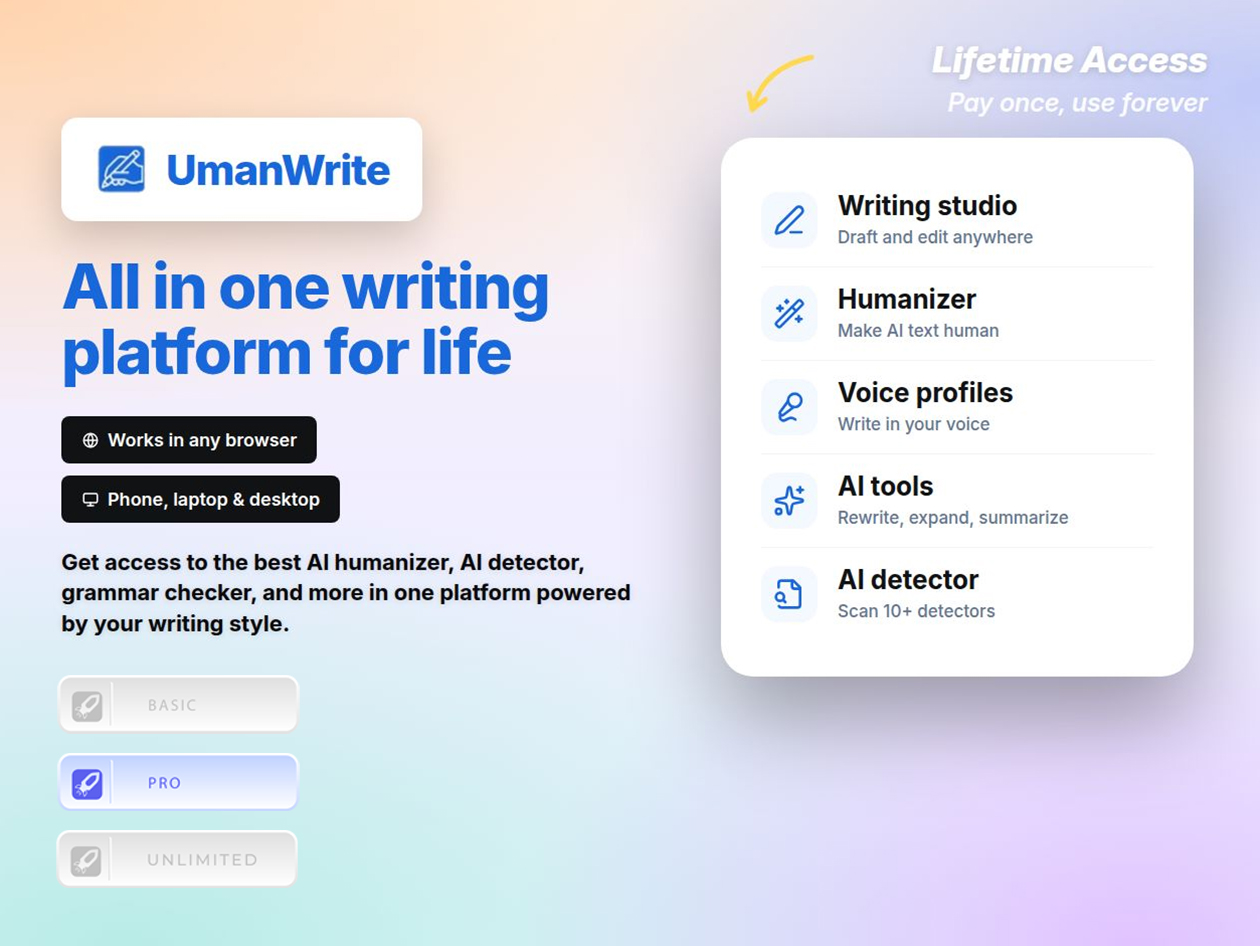 UmanWrite - AI Humanizing Content Creator - Pro Plan: Lifetime Subscription