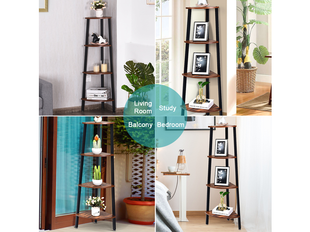 Costway 4-Tier Corner Shelf Metal Storage Rack Domestic Bookcase Display Stand Wood - Brown + black