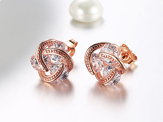 Knot Stud Earrings with Swarovski Crystal Set in 18K Rose Gold Plating