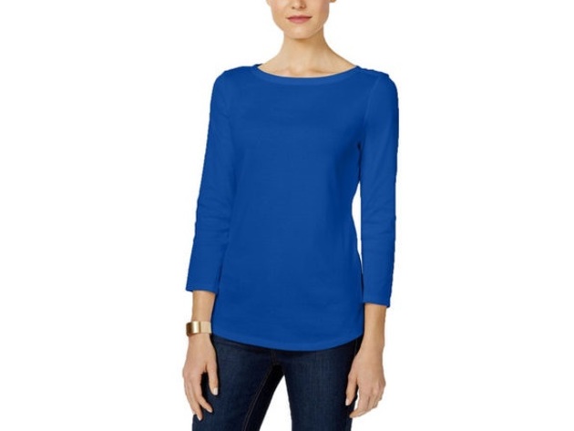 Charter Club Women's Pima Cotton Boat-Neck Button-Shoulder Top  Blue Size 2 Extra Large
