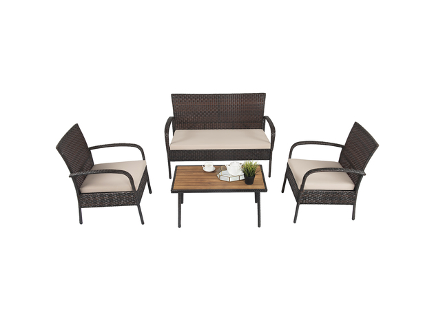 Costway 4 Piece Patio Rattan Furniture Set Outdoor Conversation Set Coffee Table w/Cushions - Brown