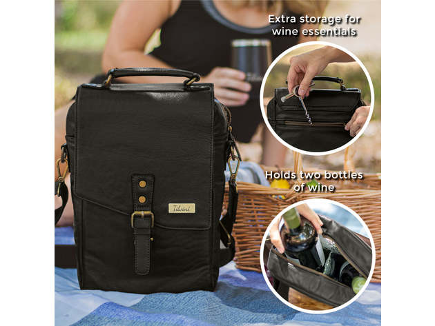 Black Insulated Genuine Leather Wine Carrier Bag & 2 Wine Tumblers. Wine Cooler Bag For Women & Men