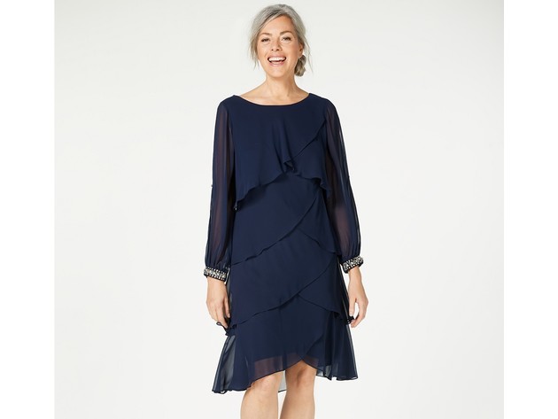 Sl Women's Fashions Long-Sleeve Tiered Chiffon Dress Navy Size 12