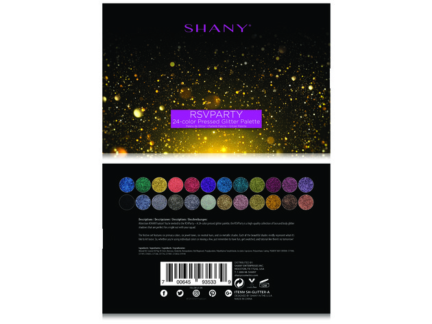 SHANY RSVParty Glitter Eyeshadow Palette - 24 Long-Lasting Pressed Glitter Pigments for Face and Body - Ultra Pigmented Glitter Makeup set with Brush.