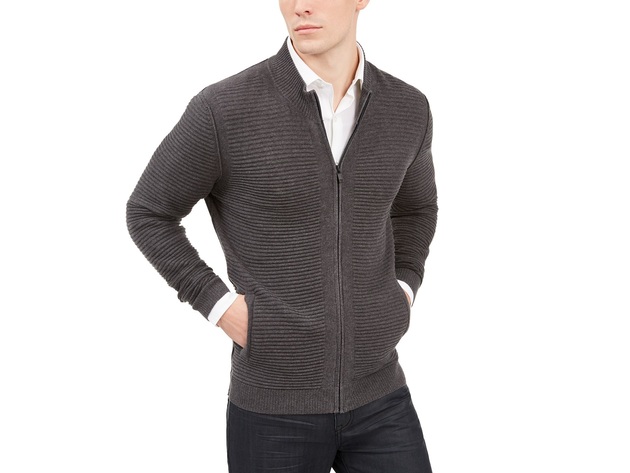 Alfani Men's Textured Zip-Front Cardigan Sweater Grey Size Extra Large