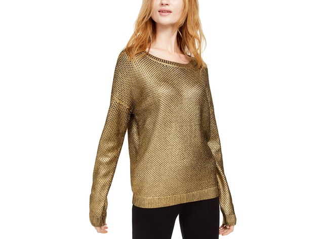 INC International Concepts Women's Metallic Pointelle Sweater Gold Size Large