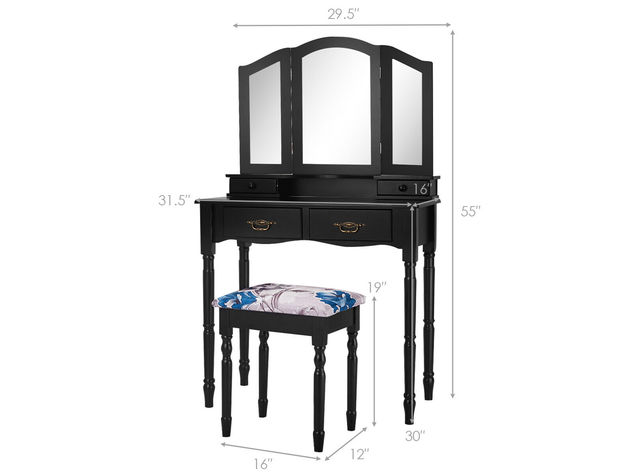 Costway Black Tri Folding Mirror Vanity Makeup Table Stool 4 Drawers - Black