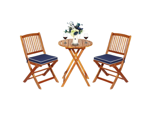 Costway 3pcs Patio Folding Wooden Bistro Set Cushioned Chair Conversation Cream Cushion