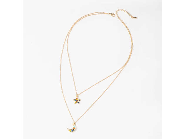 Moon and Star Necklace with Rainbow Cubic Zirconia Stones