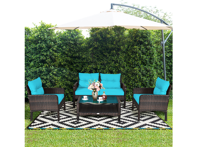 Costway 4PCS Patio Rattan Furniture Set Loveseat Sofa Coffee Table W/Turquoise Cushion