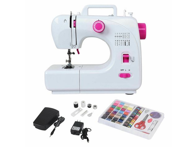 Costway 2-Speed Multi-function Fashion Portable Sewing Machine Serger w/16 Stitch Light - White + Pink