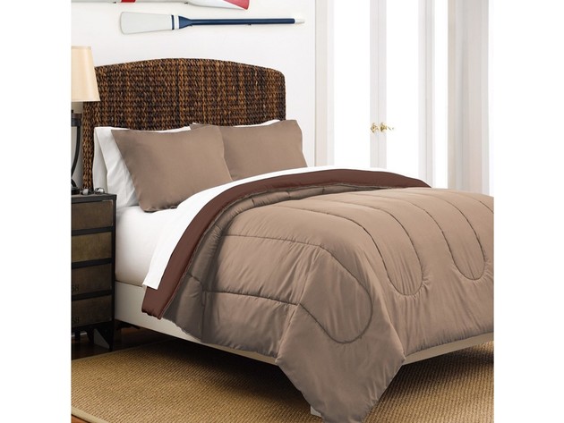 Martex Two-Tone Solid Color Reversible Comforter Set Full/Queen Khaki Beige Reversing to Chocolate Brown