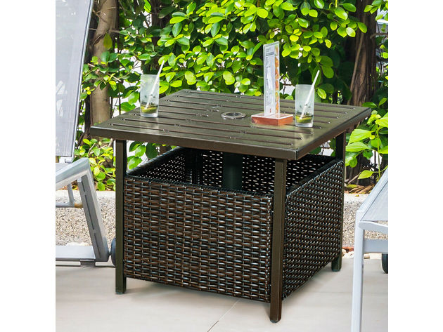 Costway Brown Rattan Wicker Steel Side Table Outdoor Furniture Deck Garden Patio Pool Brown
