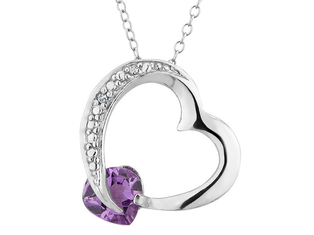 Amethyst Heart Pendant Necklace with Diamond Accent 3/4 Carat (ctw) in Sterling Silver with Chain