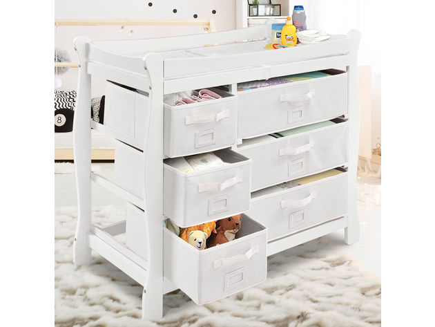 Costway White Sleigh Style Baby Changing Table Diaper 6 Basket Drawer Storage Nursery - White