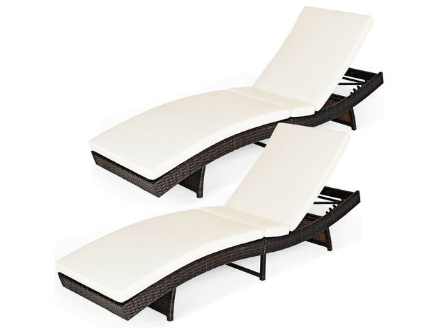 Costway 2 Piece Patiojoy Patio Rattan Folding Lounge Chair Chaise Adjustable White Cushion