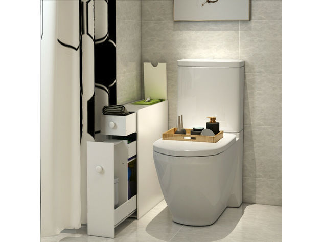 Narrow Wood Floor Bathroom Storage Cabinet Holder Organizer - White