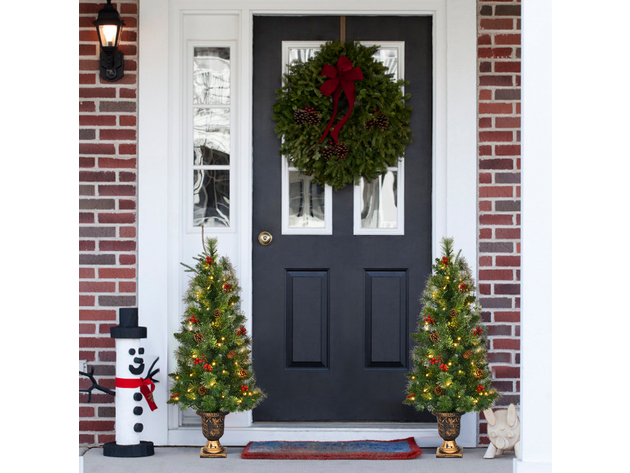 Costway 3ft Pre-Lit Christmas Entrance Tree In Urn w/ 40 LED Light Red Berries Pine Cone - Green