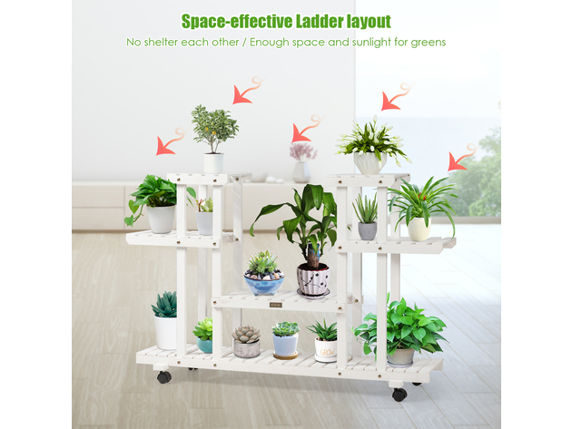 Costway 4-Tier Rolling Flower Rack Wood Plant Stand Casters 12 Pots Bonsai Display Shelf - White