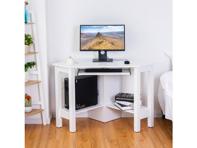 Costway Wooden Corner Desk With Drawer Computer PC Table Study Office Room - White