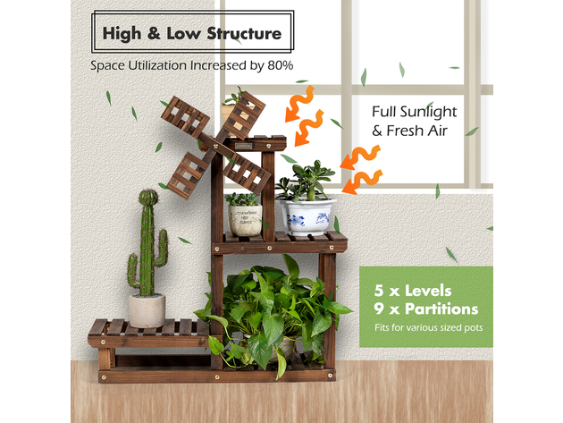 Costway Wood Plant Stand 4 Tier Shelf Multiple Flower Pot Windmill Design - Brown