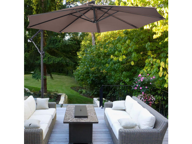 Costway 10' Hanging Umbrella Patio Sun Shade Offset Outdoor Market W/t Cross Base Tan