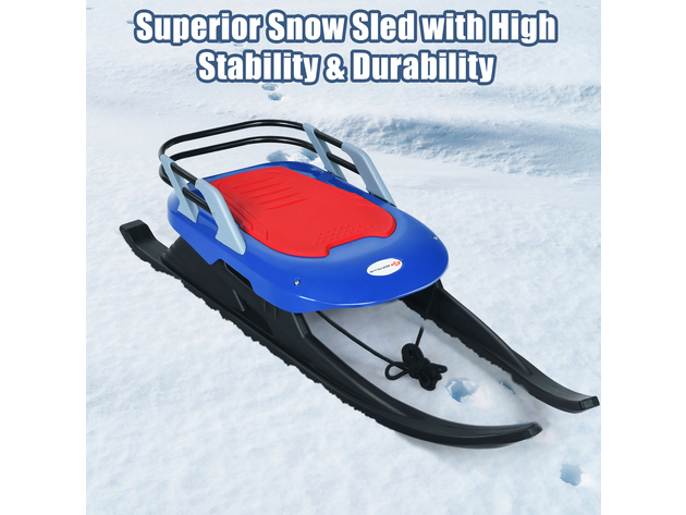Costway Folding Kids Metal Snow Sled Frost-Resistant Pull Rope Snow Slider Leather Seat - Blue/Black/Red
