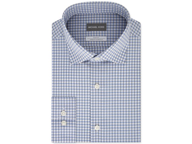 Michael Kors Men's Slim-Fit Non-Iron Airsoft Performance Stretch Check Dress Shirt Blue Size 16-36-37